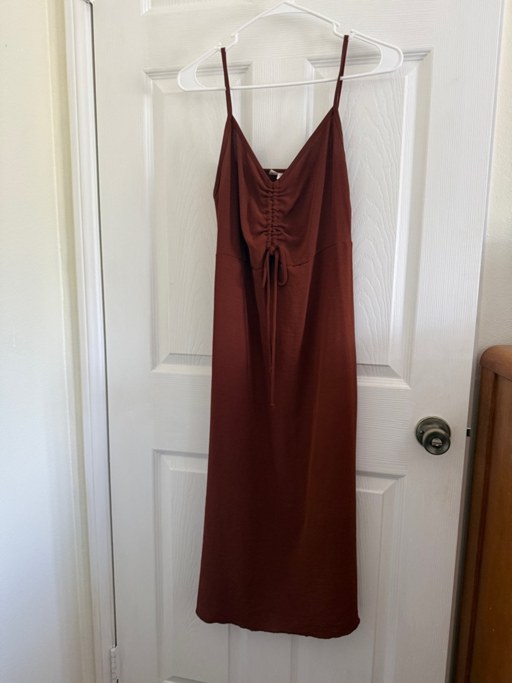 Spaghetti Strap Ruched Midi Dress in Rust (medium)